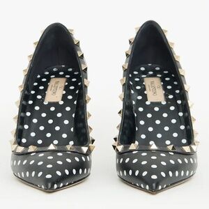 Valentino Rockstud Studded Polkadot Pointed Toe Black Leather Pump Heels